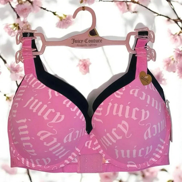 Juicy Couture Other - Juicy Couture Sexy Pink Logo & Solid Black Push-up Bra 2 Piece Set Size 38D New